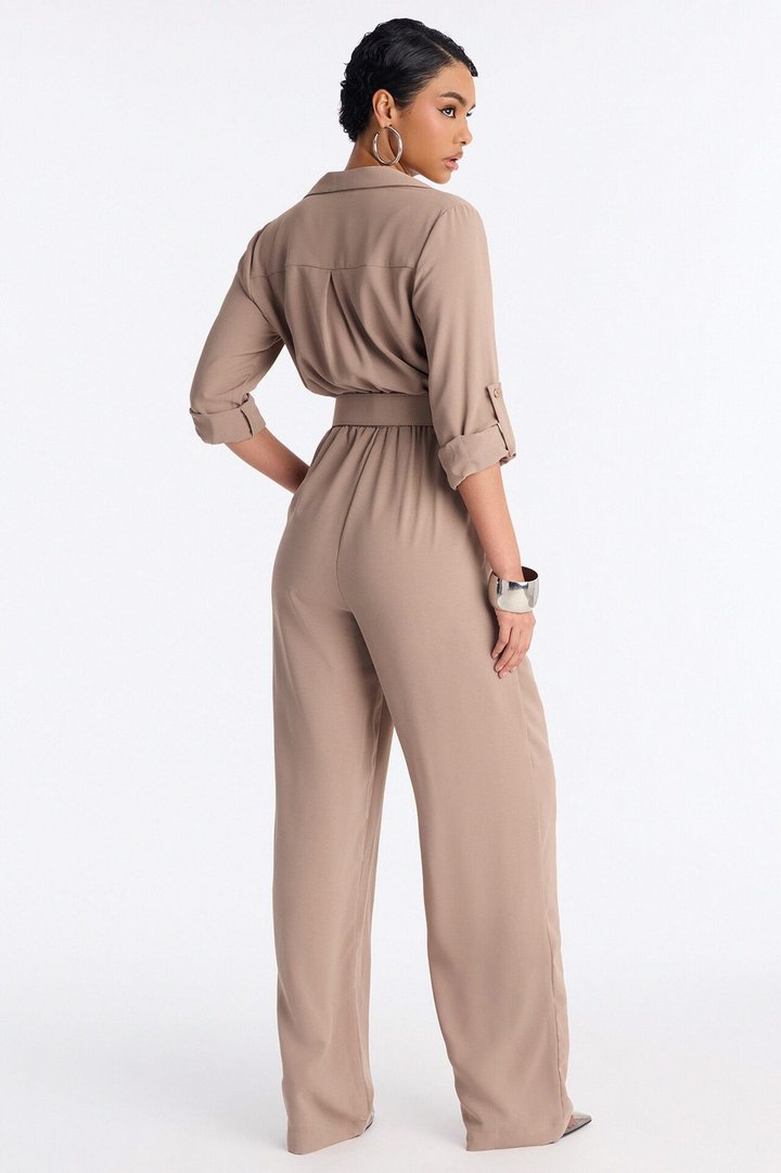 Running Around Belted Straight Leg Jumpsuit - Taupe