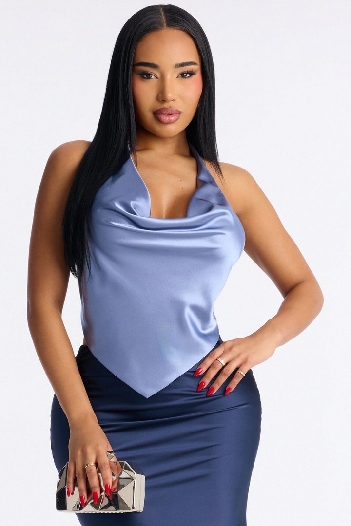 Cara Satin Cowl Neck Halter Top - Periwinkle