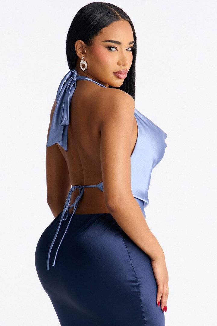 Cara Satin Cowl Neck Halter Top - Periwinkle