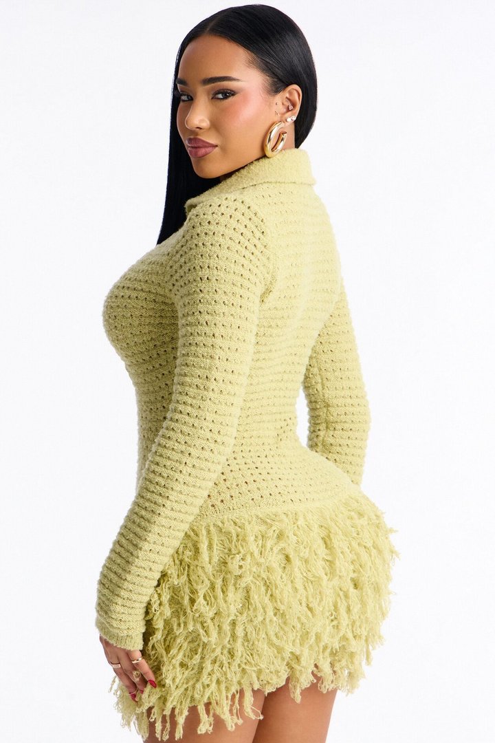 Forever Yours Fringe Trim Sweater Mini Dress - Chartreuse