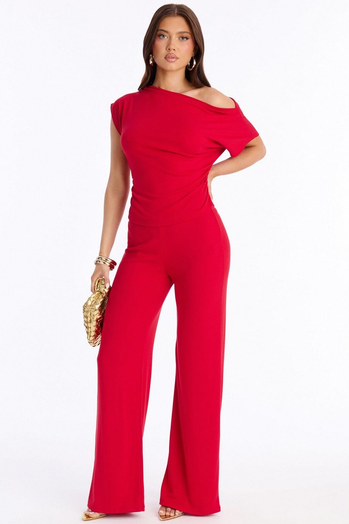 Alicia Off Shoulder Wide Leg Pant Set - Red