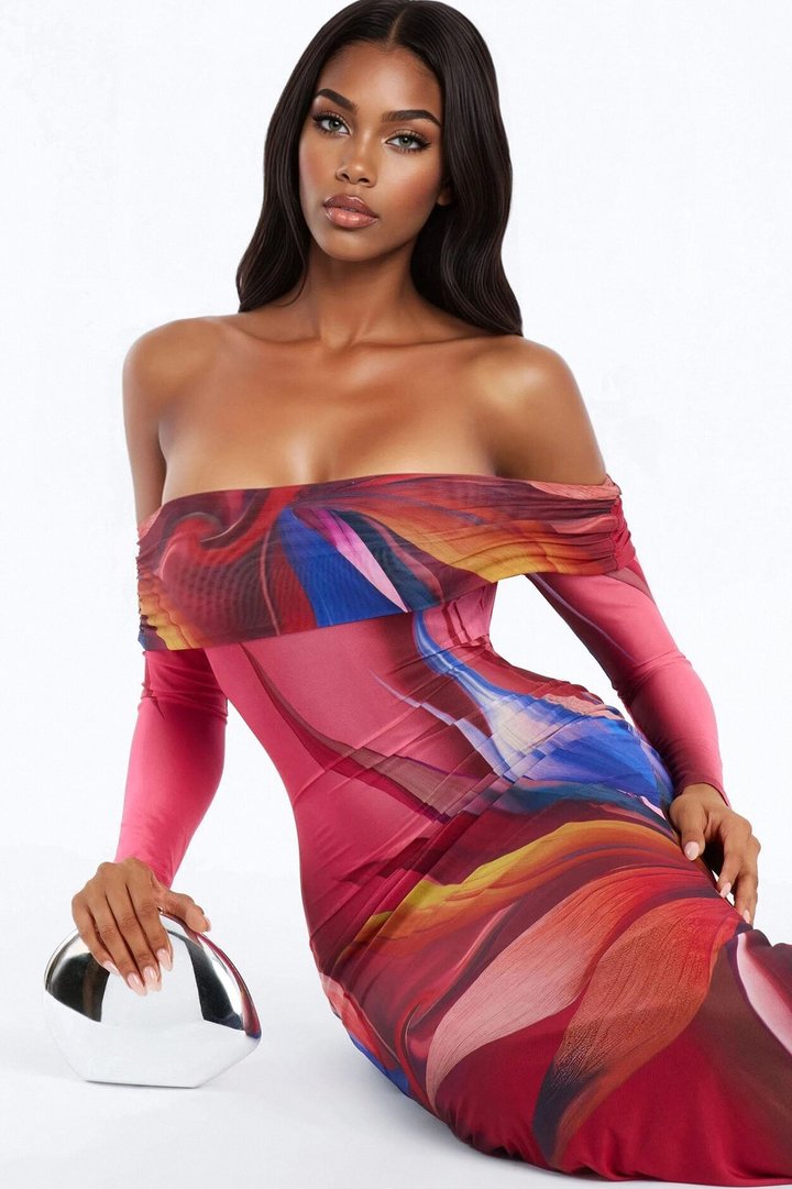 Jennifer Abstract Mesh Maxi Dress - Pink/combo
