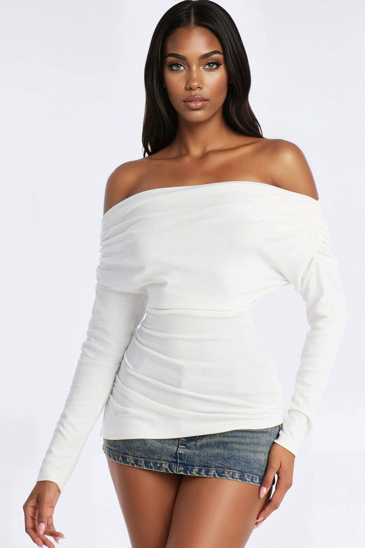 Rebecca Off Shoulder Ruched Long Sleeve Top - White