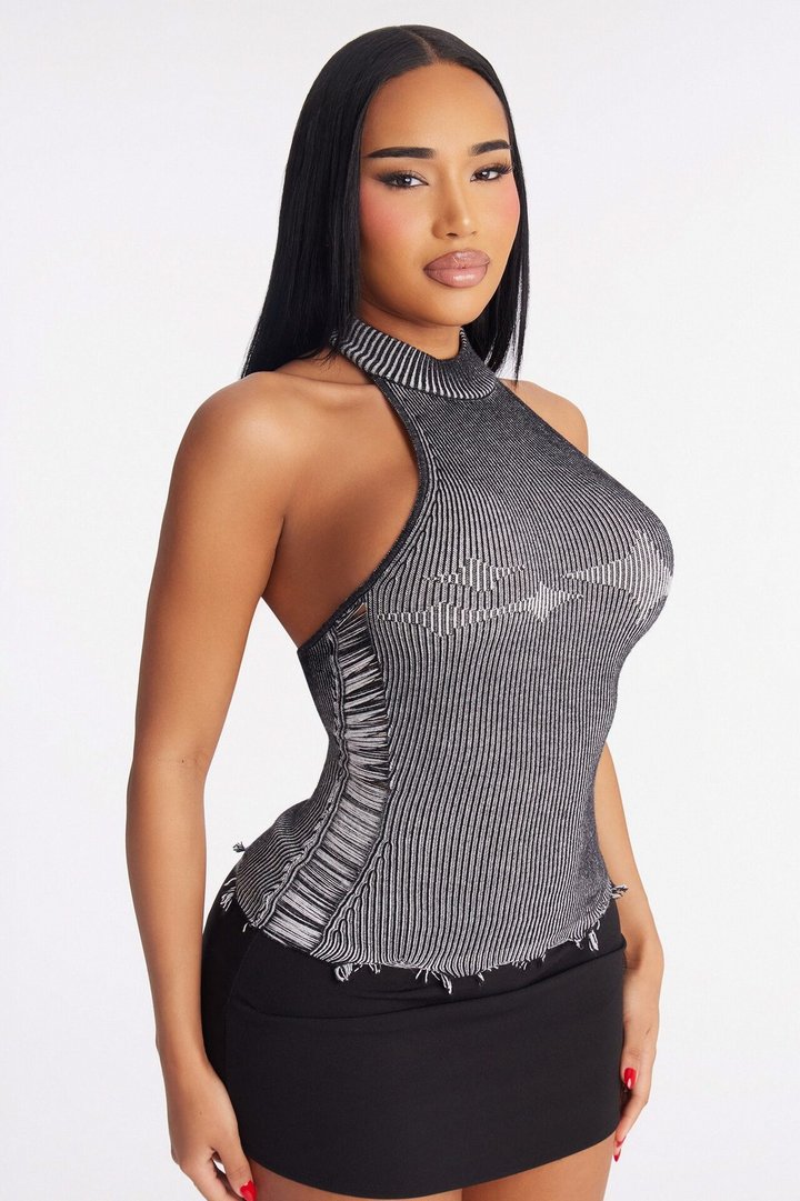 You're A Star Marled Sweater Halter Top - Black/combo