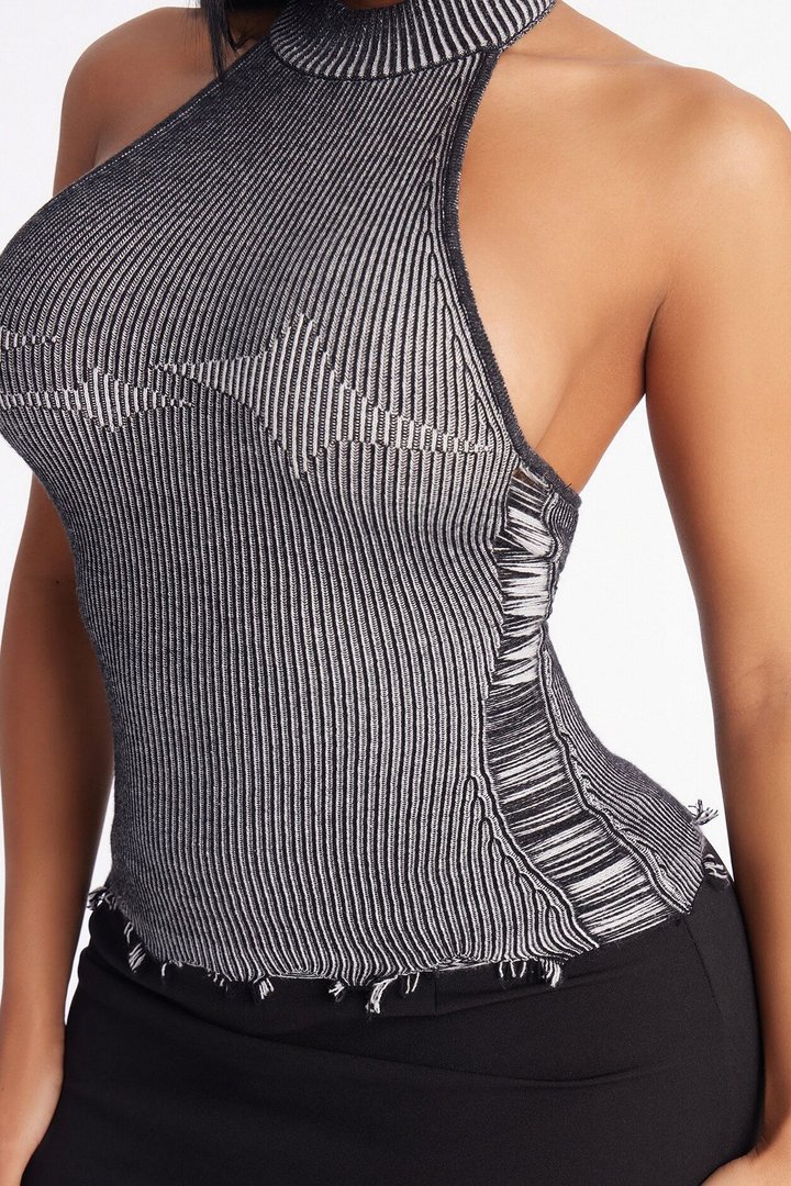 You're A Star Marled Sweater Halter Top - Black/combo