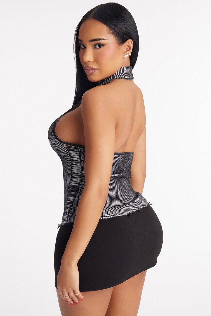 You're A Star Marled Sweater Halter Top - Black/combo