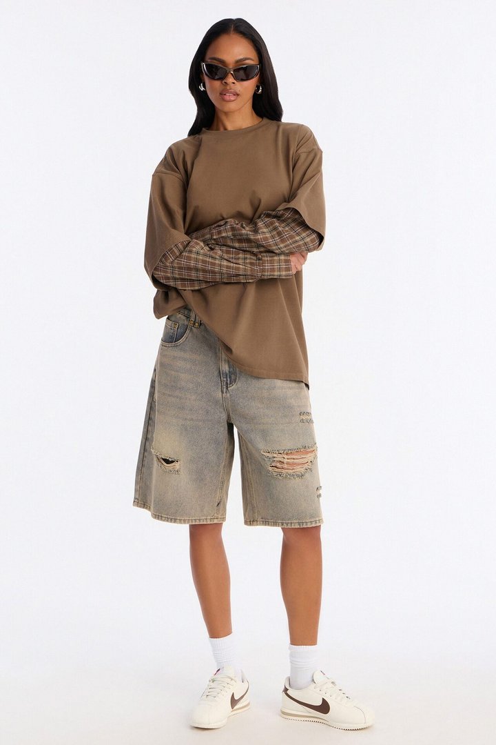 Stole Your Boyfriends Oversized Plaid Long Sleeve T-Shirt - Brown/combo