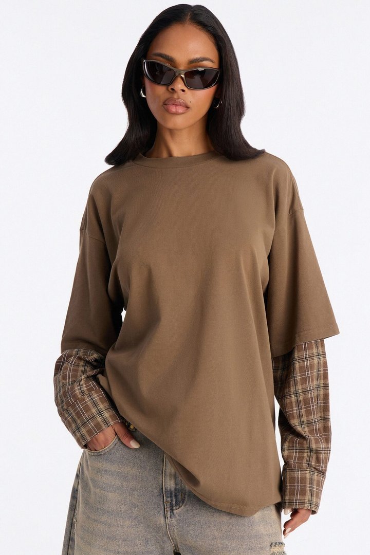 Stole Your Boyfriends Oversized Plaid Long Sleeve T-Shirt - Brown/combo