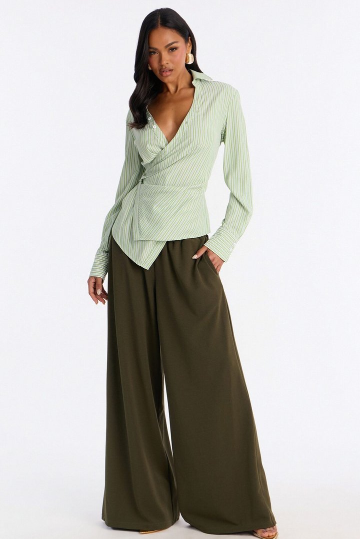 Savanna Wrap Over Striped Poplin Shirt - Green/combo