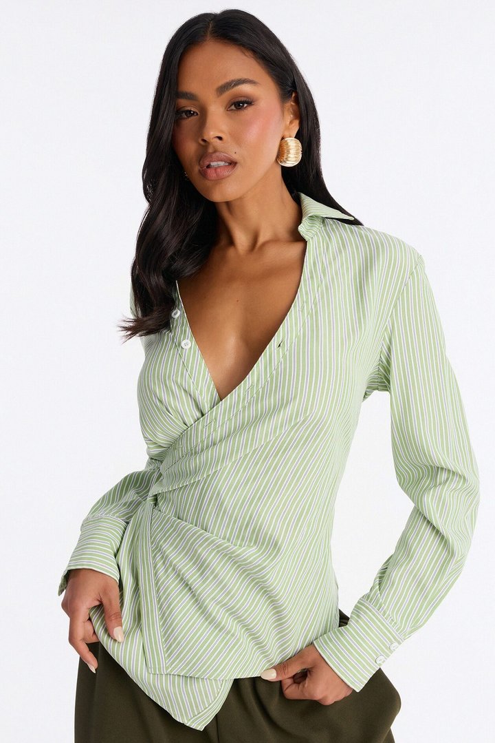 Savanna Wrap Over Striped Poplin Shirt - Green/combo