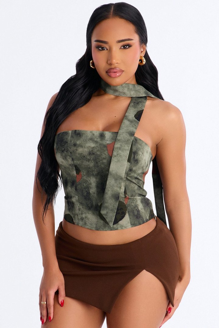 Talking Crazy Printed Scarf Satin Top Set - Green/combo