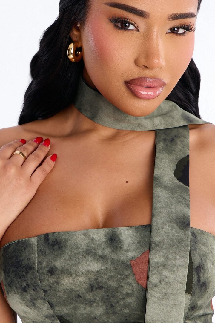 Talking Crazy Printed Scarf Satin Top Set - Green/combo