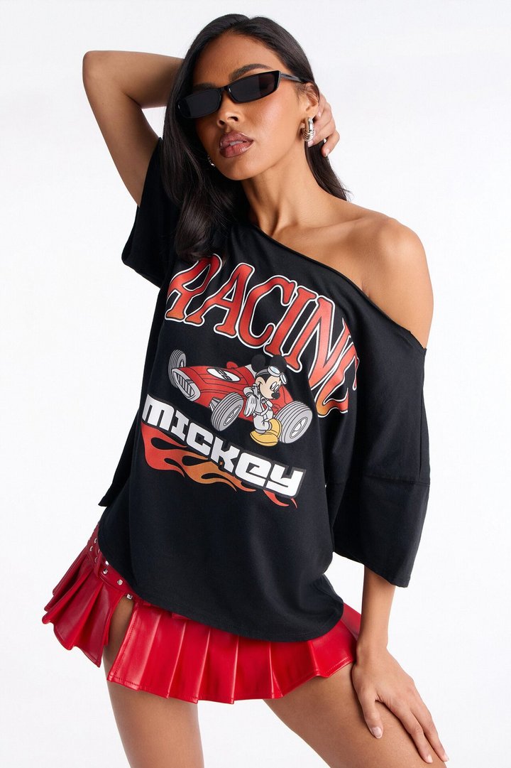 Mickey Racing Off Shoulder Tee - Black