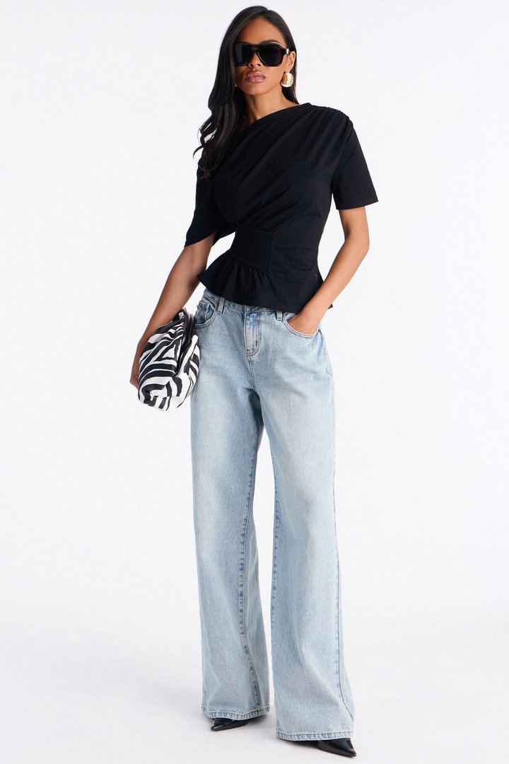 Brooklyn Ruched Off Shoulder Short Sleeve T-Shirt - Black