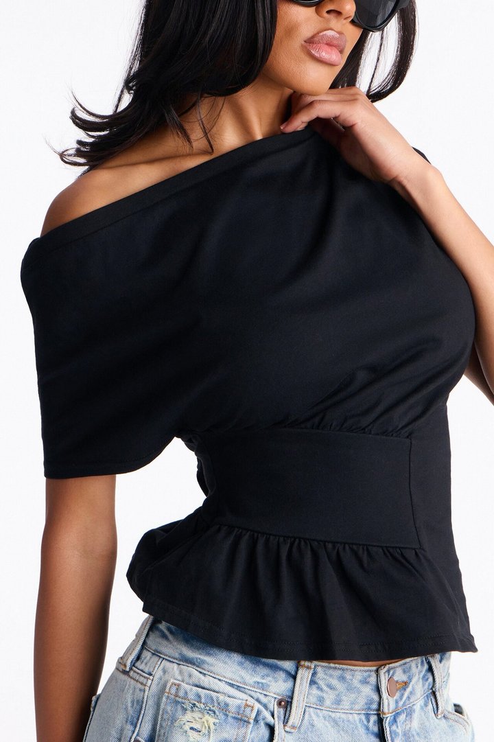 Brooklyn Ruched Off Shoulder Short Sleeve T-Shirt - Black