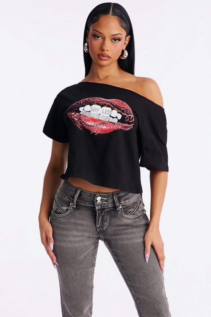 Say Less Lips Off Shoulder Tee - Black