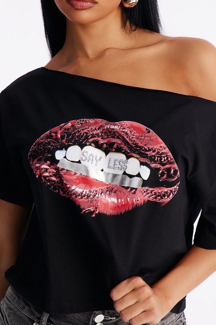 Say Less Lips Off Shoulder Tee - Black