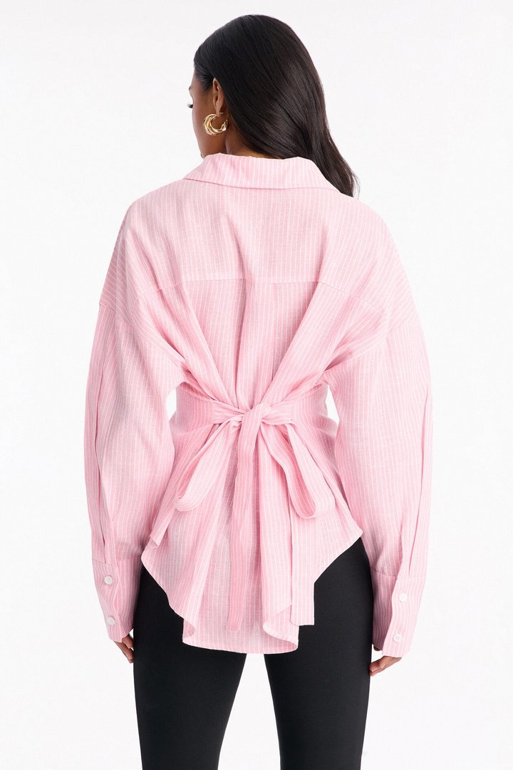Kaia Tie Back Oversized Striped Linen Shirt - Pink/combo
