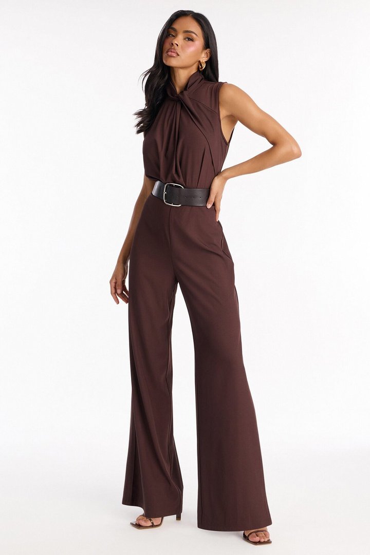 Sienna Belted Wide Leg Jumpsuit - Chocolate