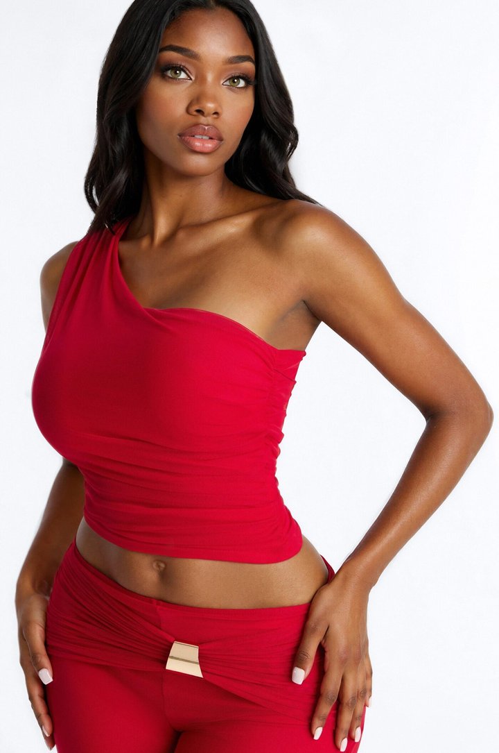 Hailey Asymmetrical Mesh Pant Set - Red