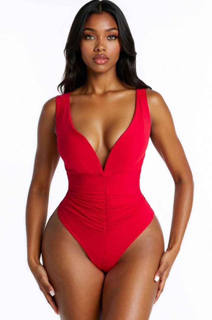Evening Desire Off Shoulder Deep V-Neck Ruched Bodysuit - Red