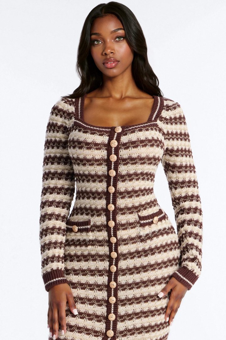 Hana Long Sleeve Sweater Midi Dress - Brown/combo
