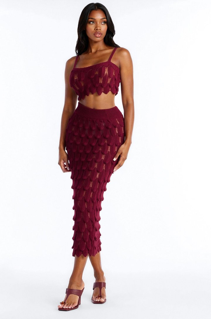 Coastal Desire Crochet Scales Maxi Skirt Set - Burgundy