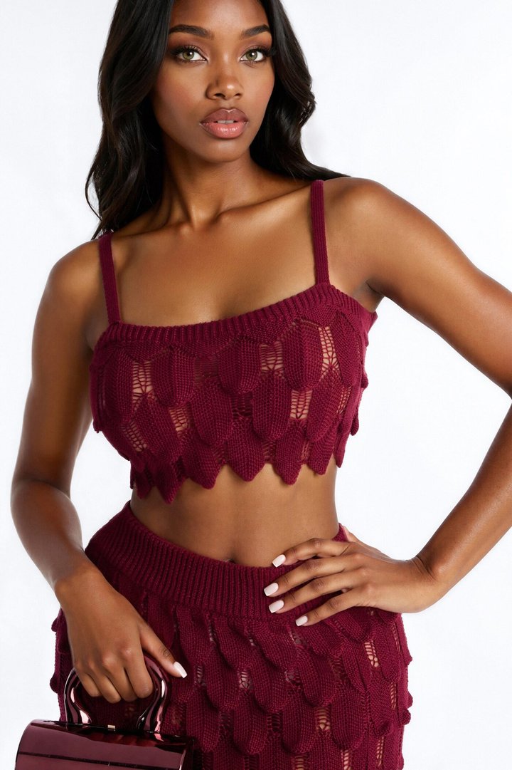 Coastal Desire Crochet Scales Maxi Skirt Set - Burgundy