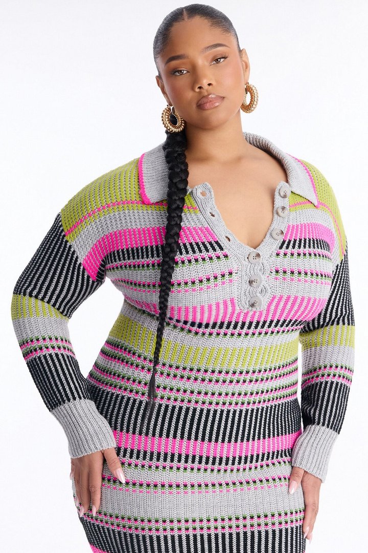 Renee Stripped Sweater Midi Dress - Grey/combo