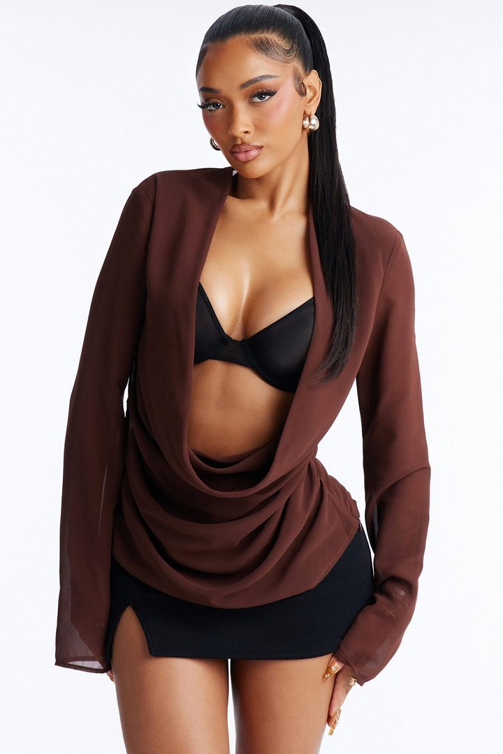 Stuck In A Dream Cowl Neck Chiffon Blouse - Brown
