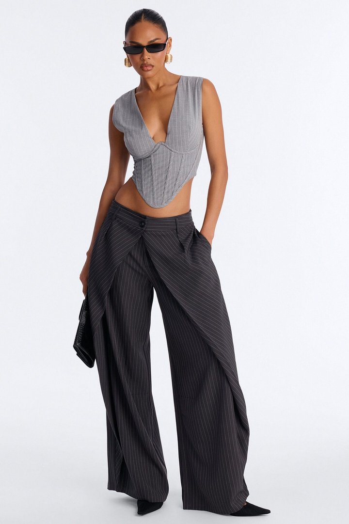 Margaret Mid Rise Wide Leg Front Wrap Trouser Pant 33″ - Charcoal