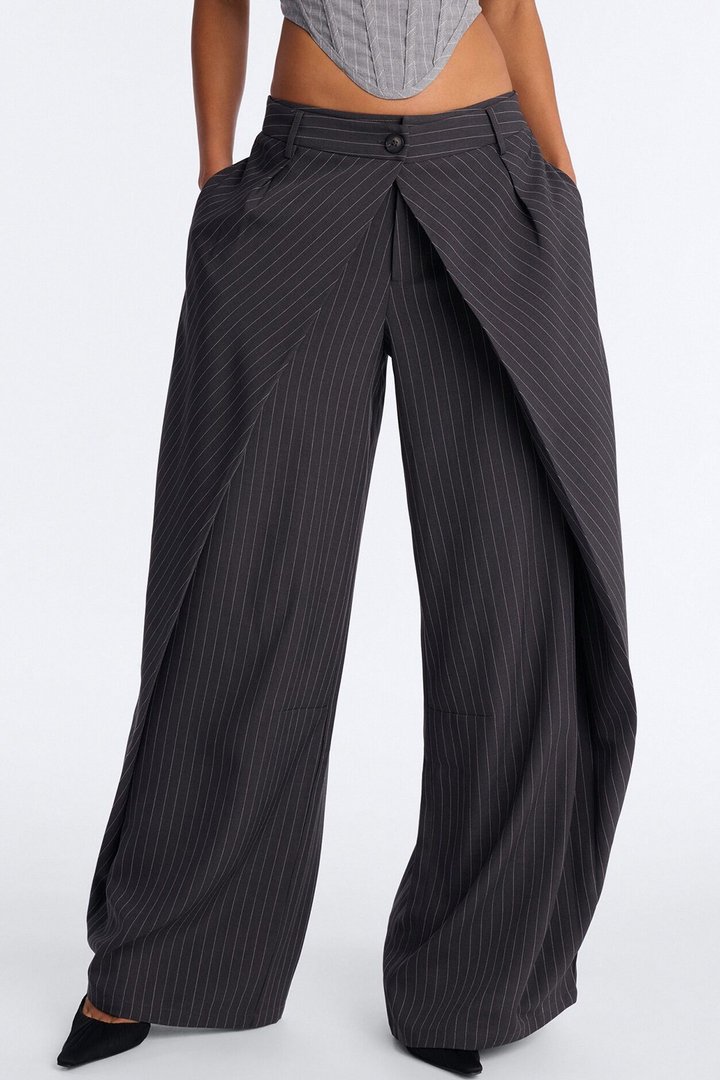 Margaret Mid Rise Wide Leg Front Wrap Trouser Pant 33″ - Charcoal