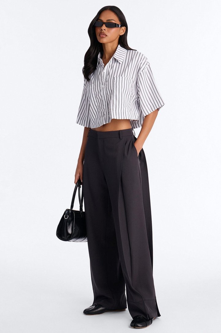 Anya Double Side Pleat Button Hem Trouser 33″ - Charcoal