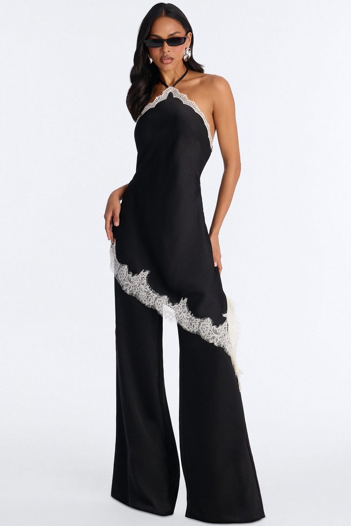 Bella Rose Draped Lace Trim Jumpsuit - Black