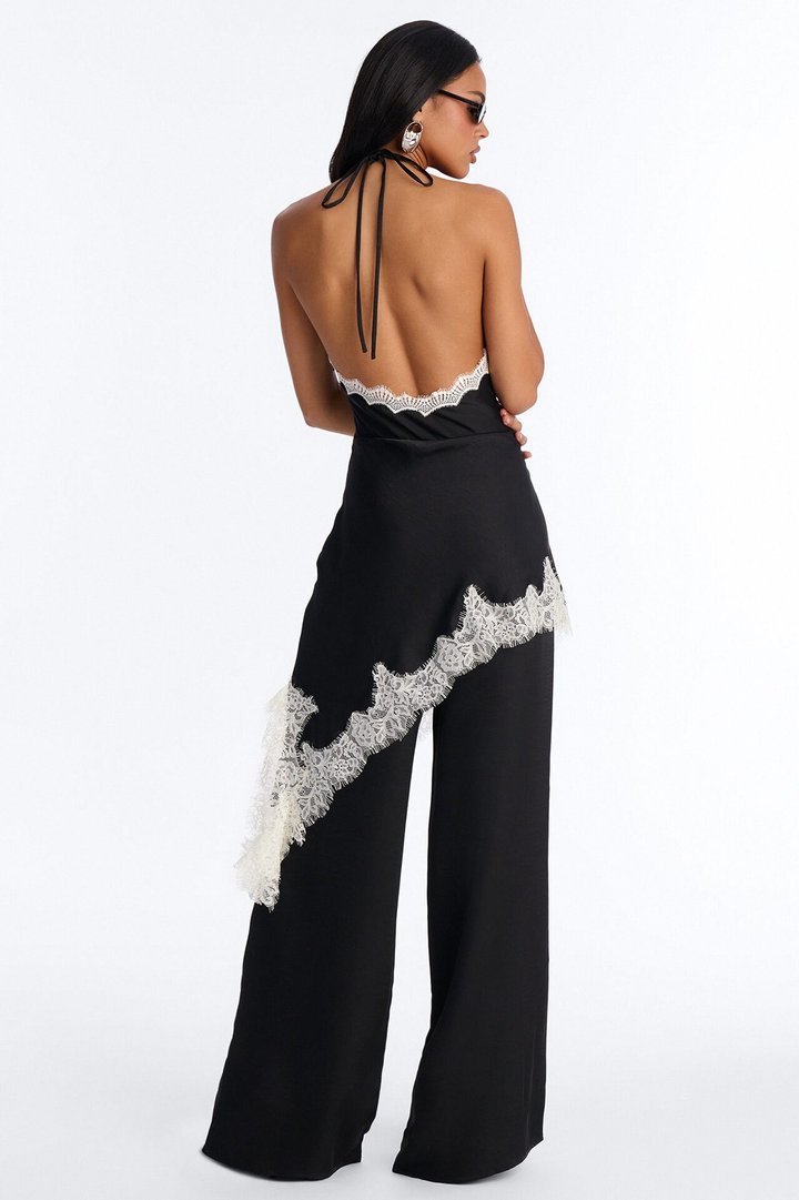 Bella Rose Draped Lace Trim Jumpsuit - Black