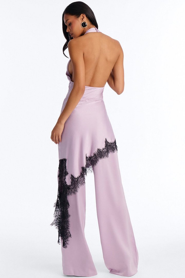 Ariana Asymetrical Lace Trim Satin Jumpsuit - Lavender