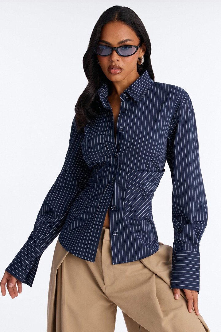 Jenna Pinstripe Poplin Shirt - Navy/combo