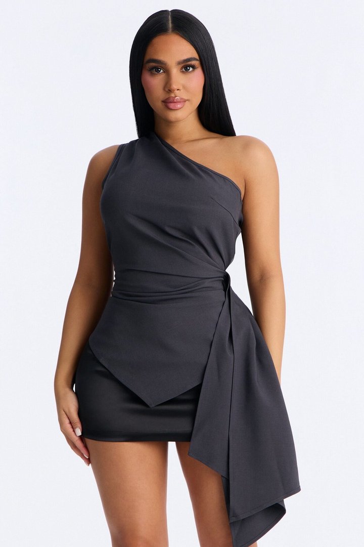 Muse In Motion One Shoulder Draped Top - Charcoal