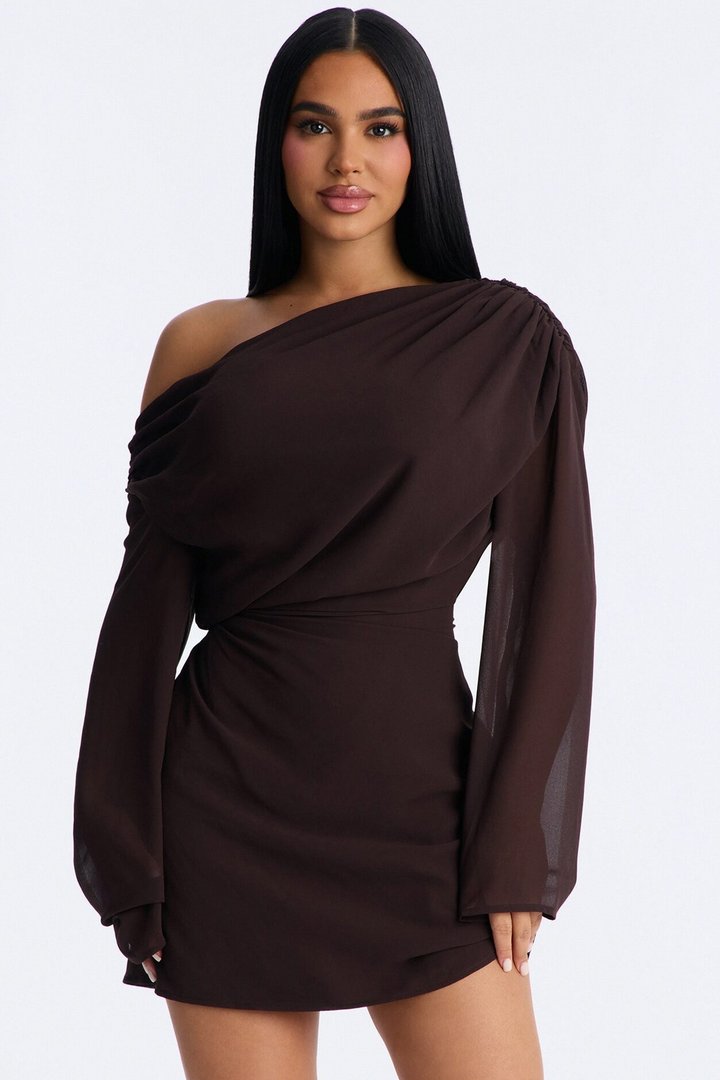 Kennedy Long Sleeve Chiffon Mini Dress - Chocolate