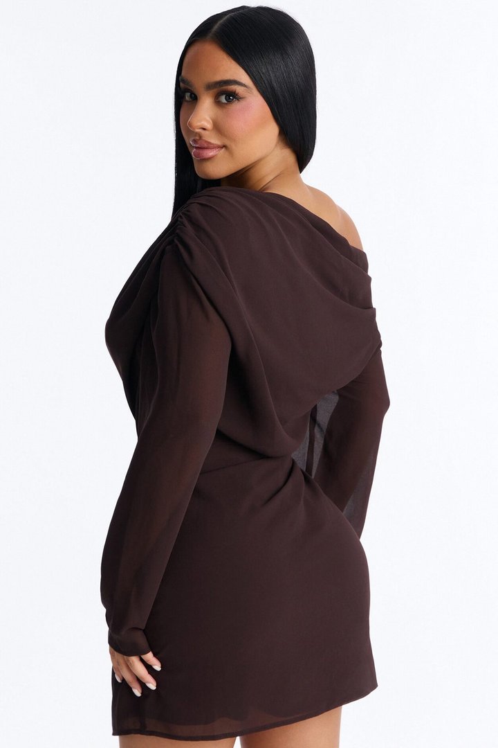 Kennedy Long Sleeve Chiffon Mini Dress - Chocolate