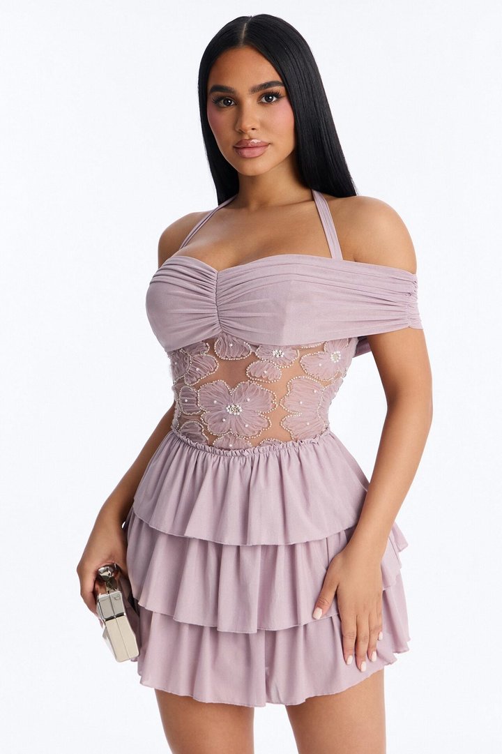 Remi Ruffle Beaded Mesh Mini Dress - Mauve