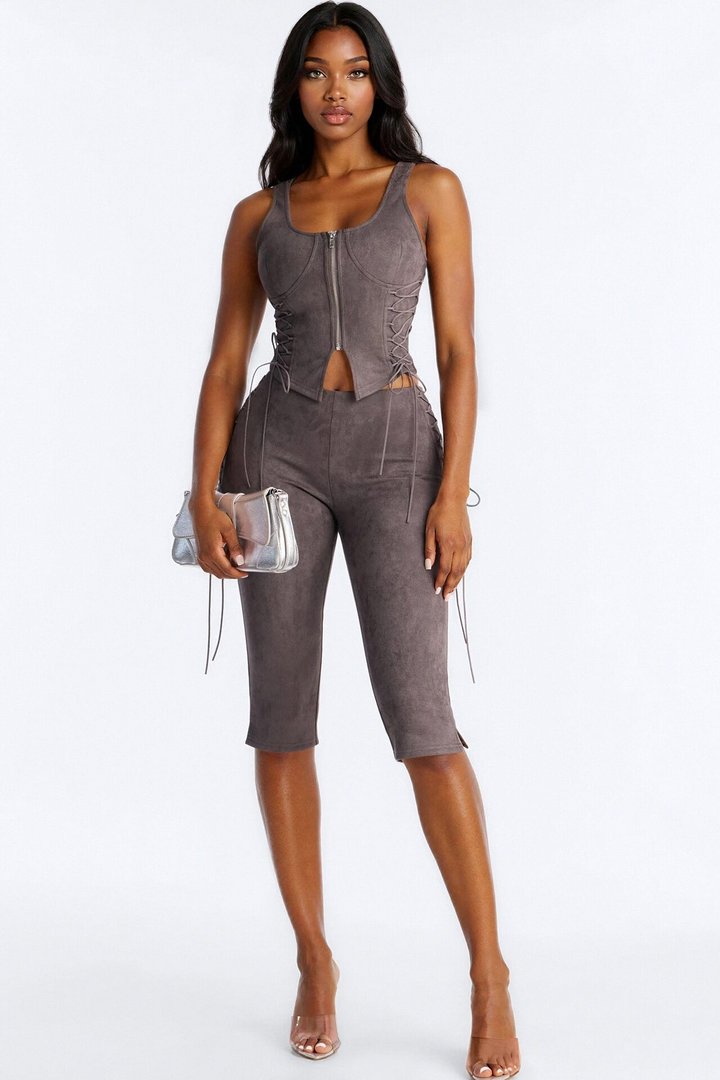 Clarissa Faux Suede Capri Set - Grey
