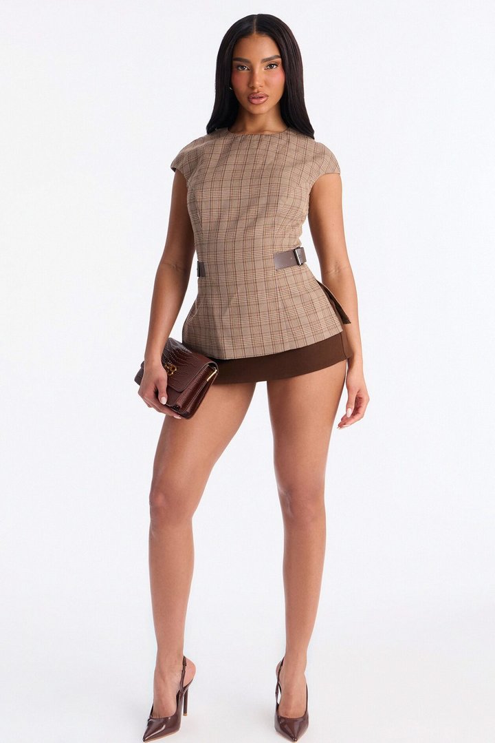 She's The Standard Belted Plaid Top - Taupe/combo