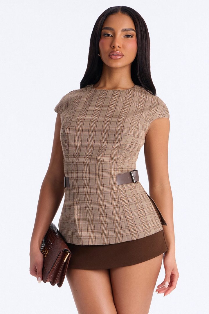 She's The Standard Belted Plaid Top - Taupe/combo