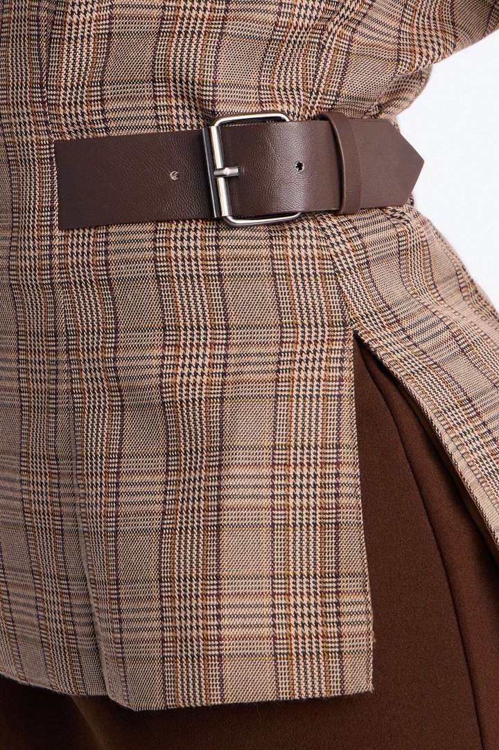 She's The Standard Belted Plaid Top - Taupe/combo