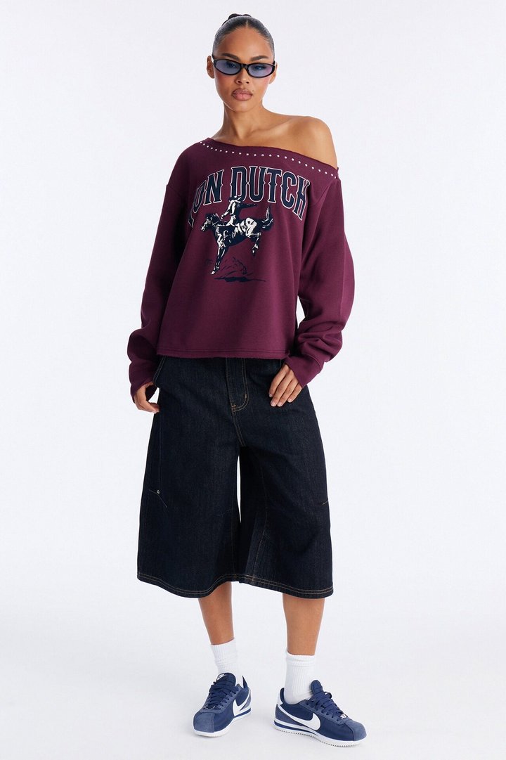 Von Dutch Western Heart Off Shoulder Studded Sweatshirt - Burgundy