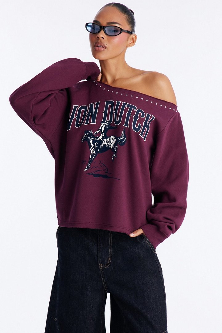 Von Dutch Western Heart Off Shoulder Studded Sweatshirt - Burgundy