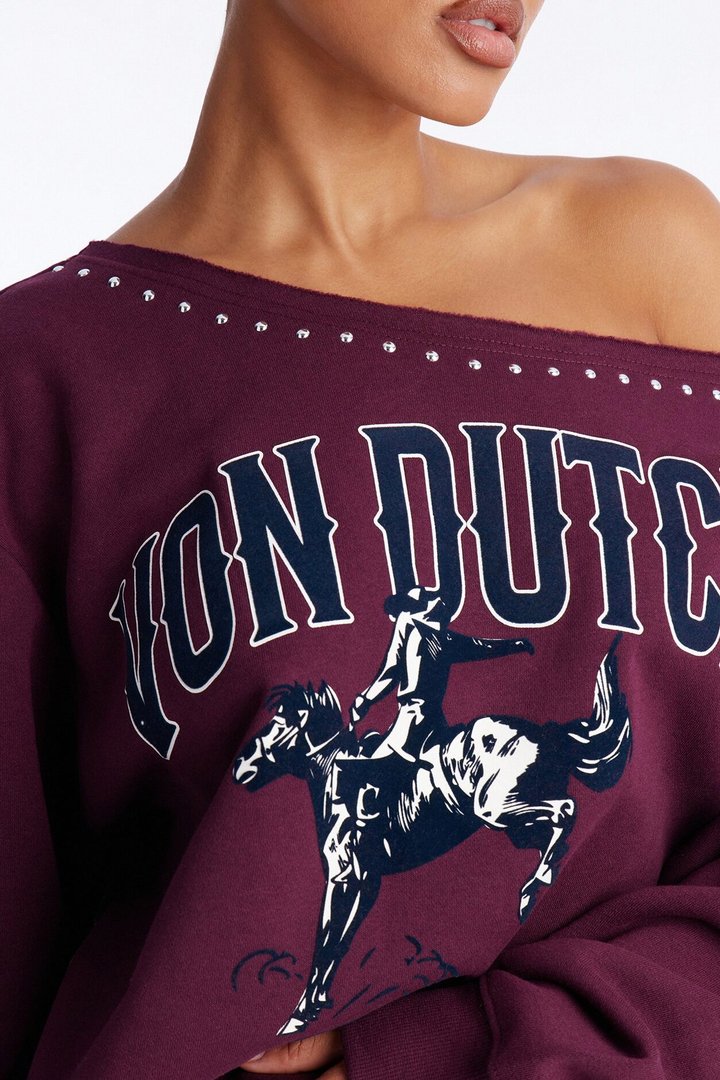 Von Dutch Western Heart Off Shoulder Studded Sweatshirt - Burgundy