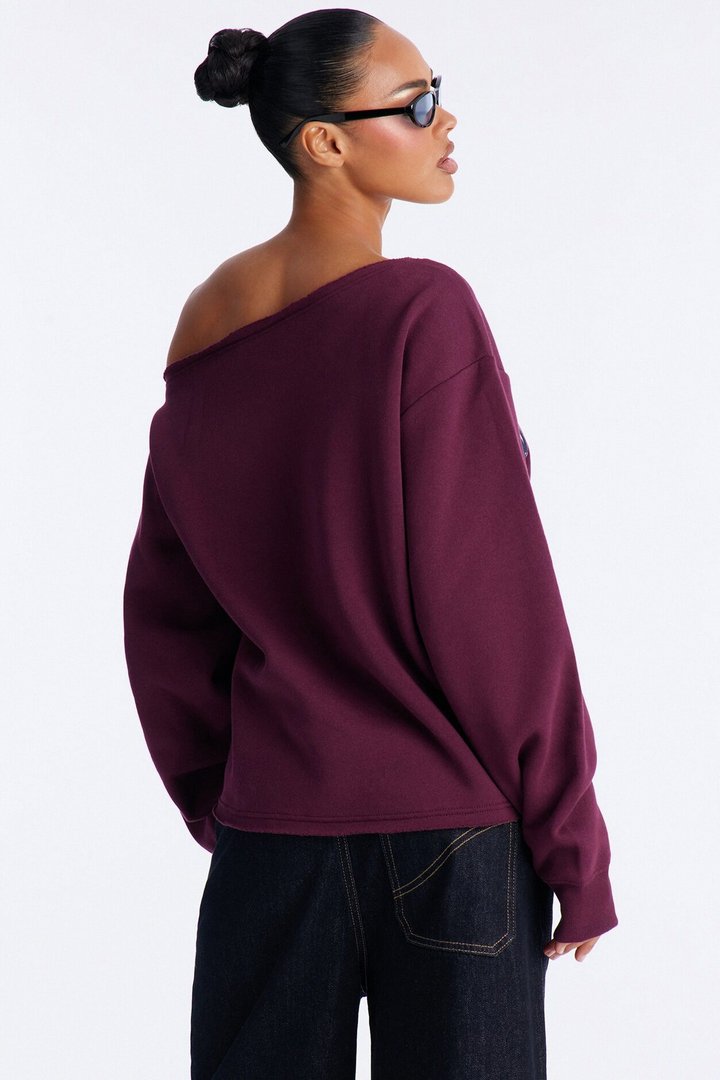 Von Dutch Western Heart Off Shoulder Studded Sweatshirt - Burgundy