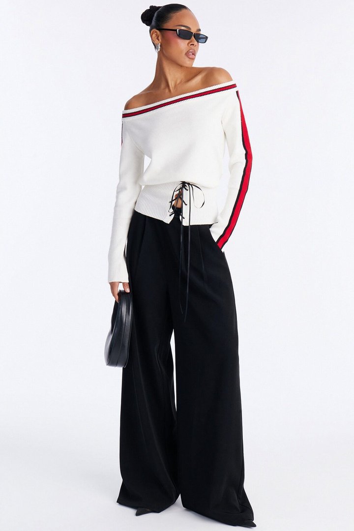 All You Need Off Shoulder Lace Up Sweater Top - White/combo